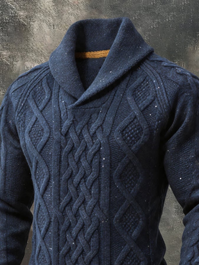 Men's Vintage Chunky Wool Shawl-Collar Long-Sleeve Knit Sweater