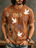 Men's Three White Doves In Mid‐flight Decorated Acoustic Guitar With Foliage Print Crew Neck T-shirt