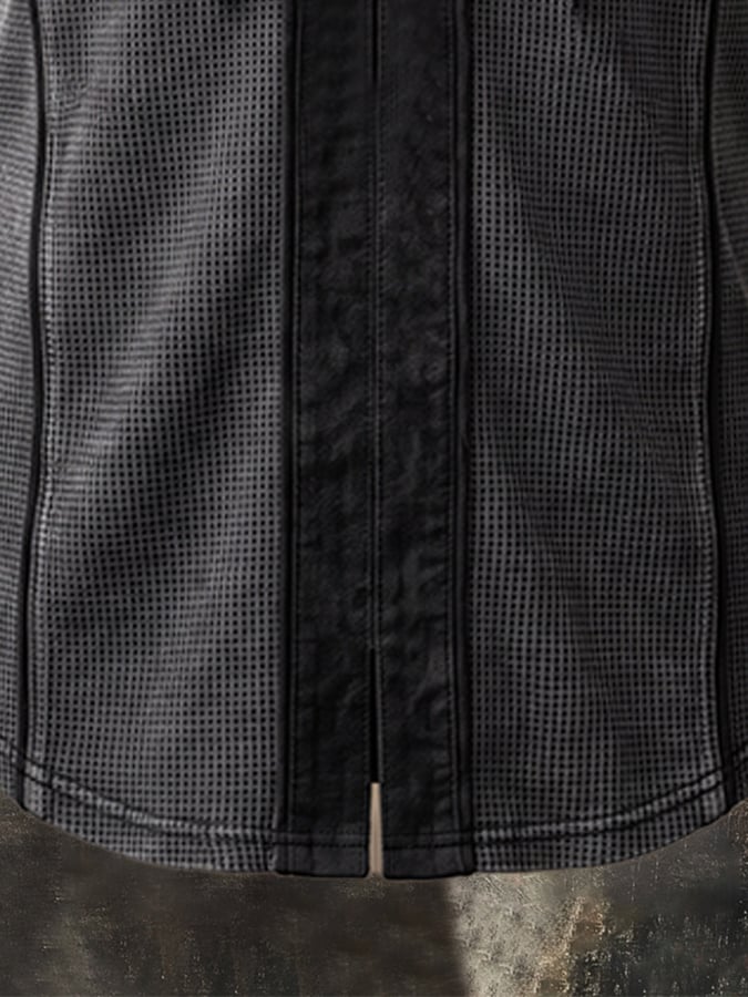 Men's Retro Waffle-Knit & Faux Suede Panel T-Shirt with Lace-Up Collar
