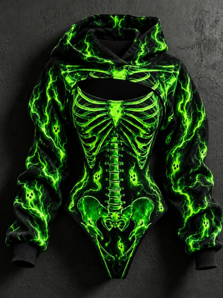 Women's Gothic Halloween Skull, Flame, Lightning, Ghost Print Sweatshirt And Jumpsuit Two-piece Set