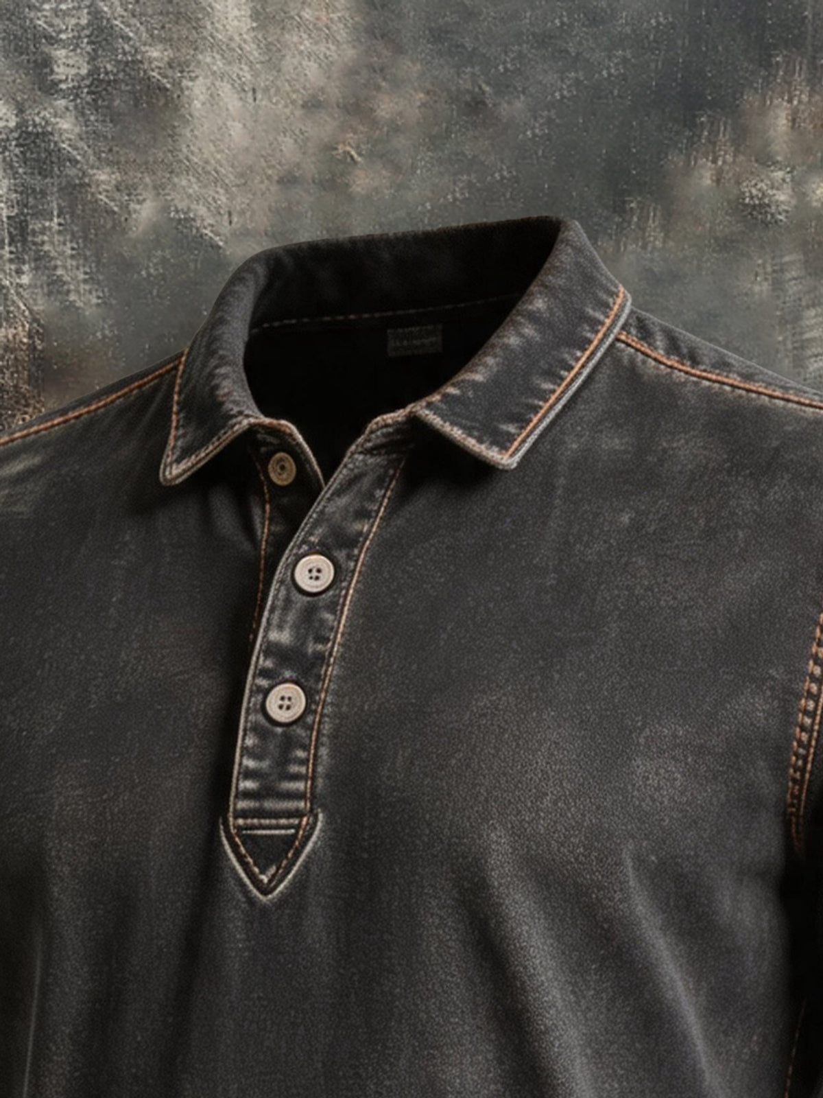 Men's Long-Sleeve Polo Shirt – Vintage Distressed Look with Contrast Topstitching and Washed Finish
