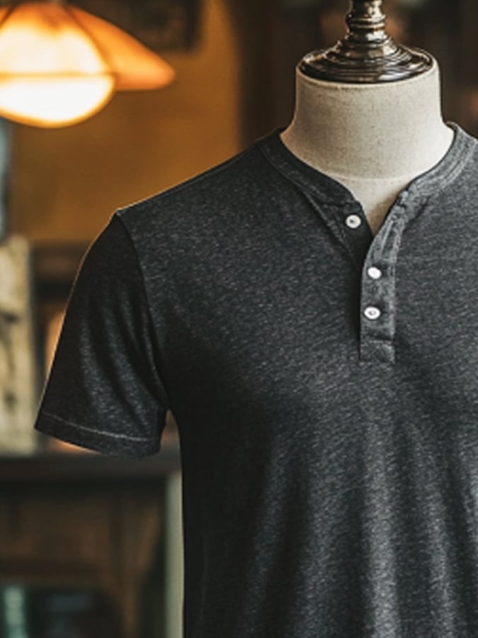 Men's Vintage Premium Distressed Henley Short Sleeve T-Shirt