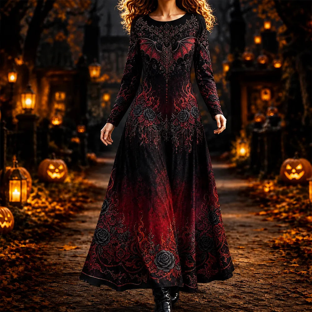 Women's Long Sleeve Round Neck Maxi Dress Featuring Gothic Bat Wings And Rose Wreath