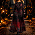 Women's Long Sleeve Round Neck Maxi Dress Featuring Gothic Bat Wings And Rose Wreath