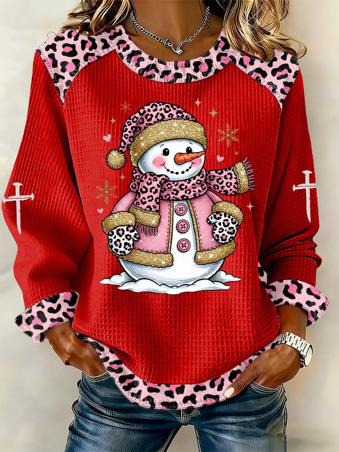 Women's Casual Pink Leopard Print Snowman Waffle Sweatshirt