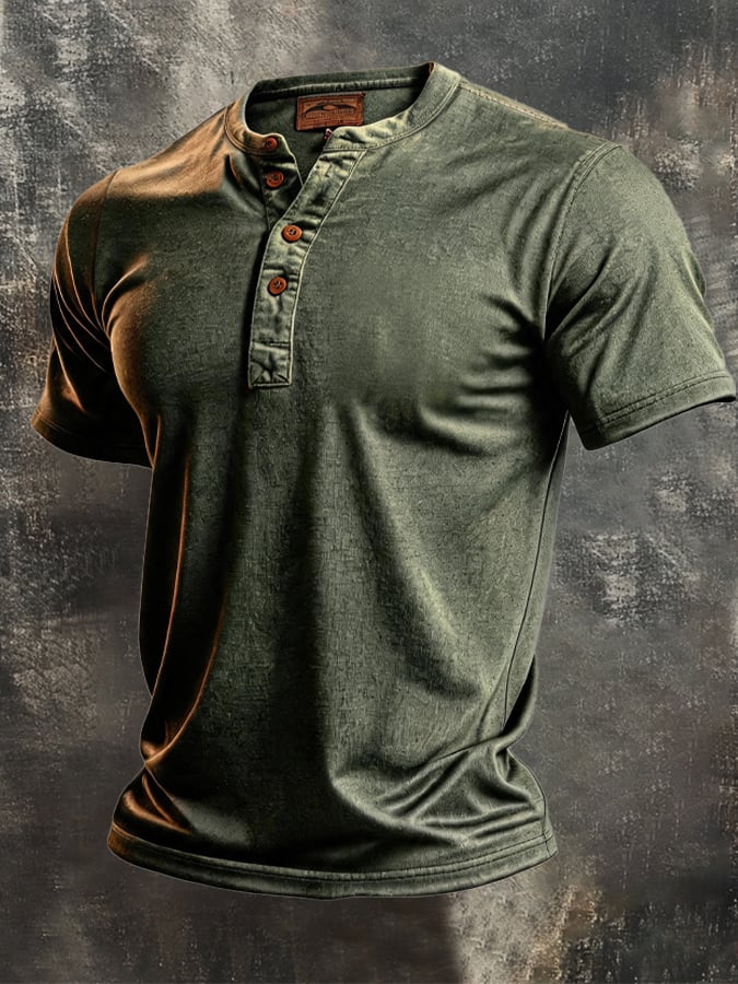 Men's Retro Color-Block Short-Sleeve Henley T-Shirt