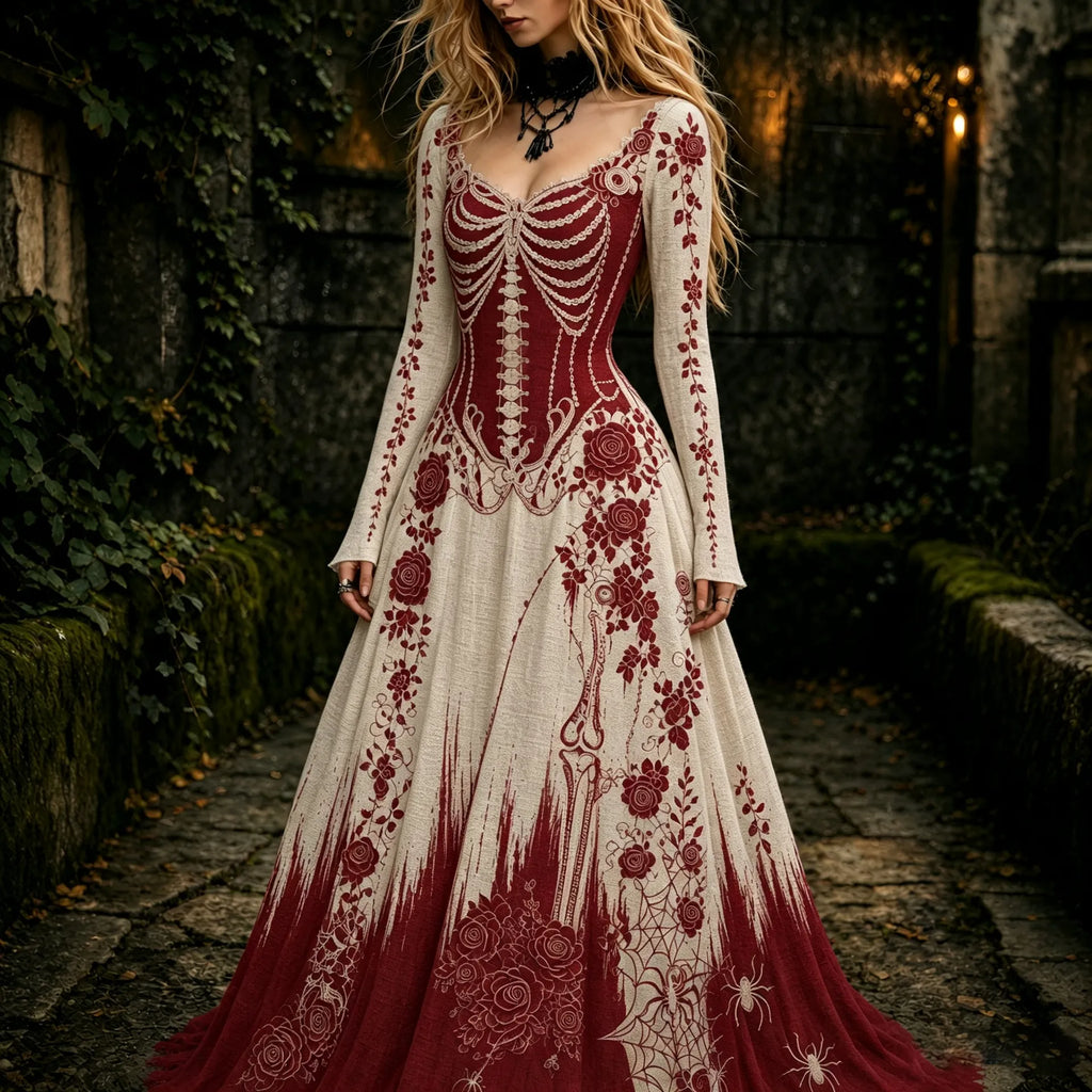 Women's Retro Gothic Skeleton And Rose Pattern Maxi Halloween Dress