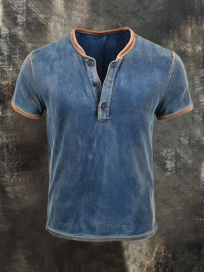 Men's casual retro color block Henley T-shirt