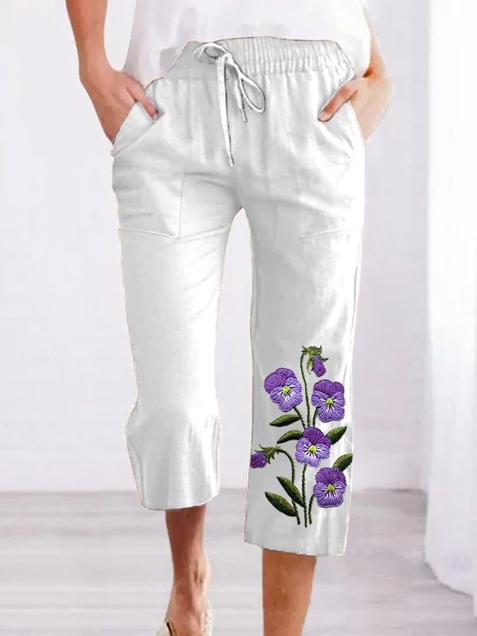 Women's Purple Flower Alzheimer's Awareness Support Cropped Pants