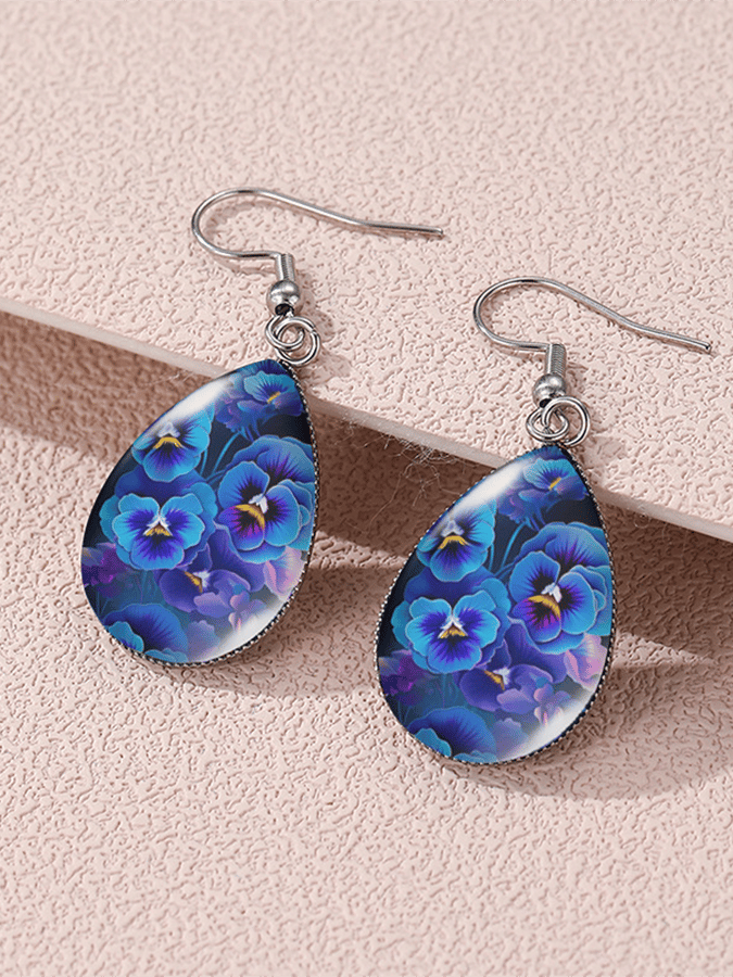 Purple Drop-Shaped Pansy Flower Design Earrings