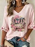 Women's commemorative pattern Waffle V-neck top