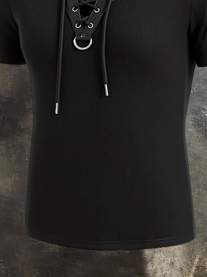 Men's patchwork print T-shirt with leather tie collar