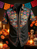 Men's Day Of The Dead Twin Colorful Skulls Print Short Sleeve Buttons Shirt