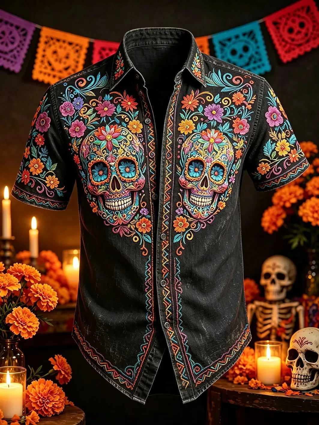 Men's Day Of The Dead Twin Colorful Skulls Print Short Sleeve Buttons Shirt