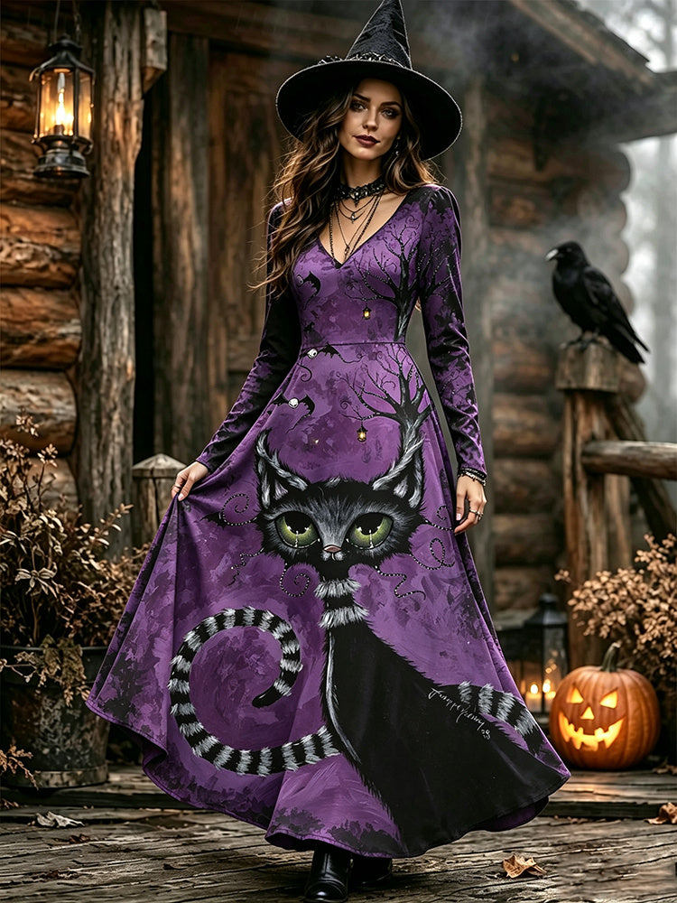 Women's Halloween Black Cat And Dry Branch Print V-neck Long Sleeve Dress
