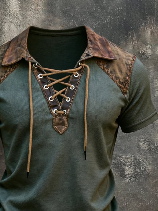 Men'S Retro Color-Block Short-Sleeve T-Shirt With Contrast Leather Paneling And Lace-Up Detail