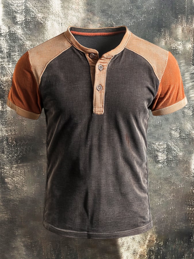 Men's Retro Classic Casual Colorblock Henry Short Sleeve T-Shirt