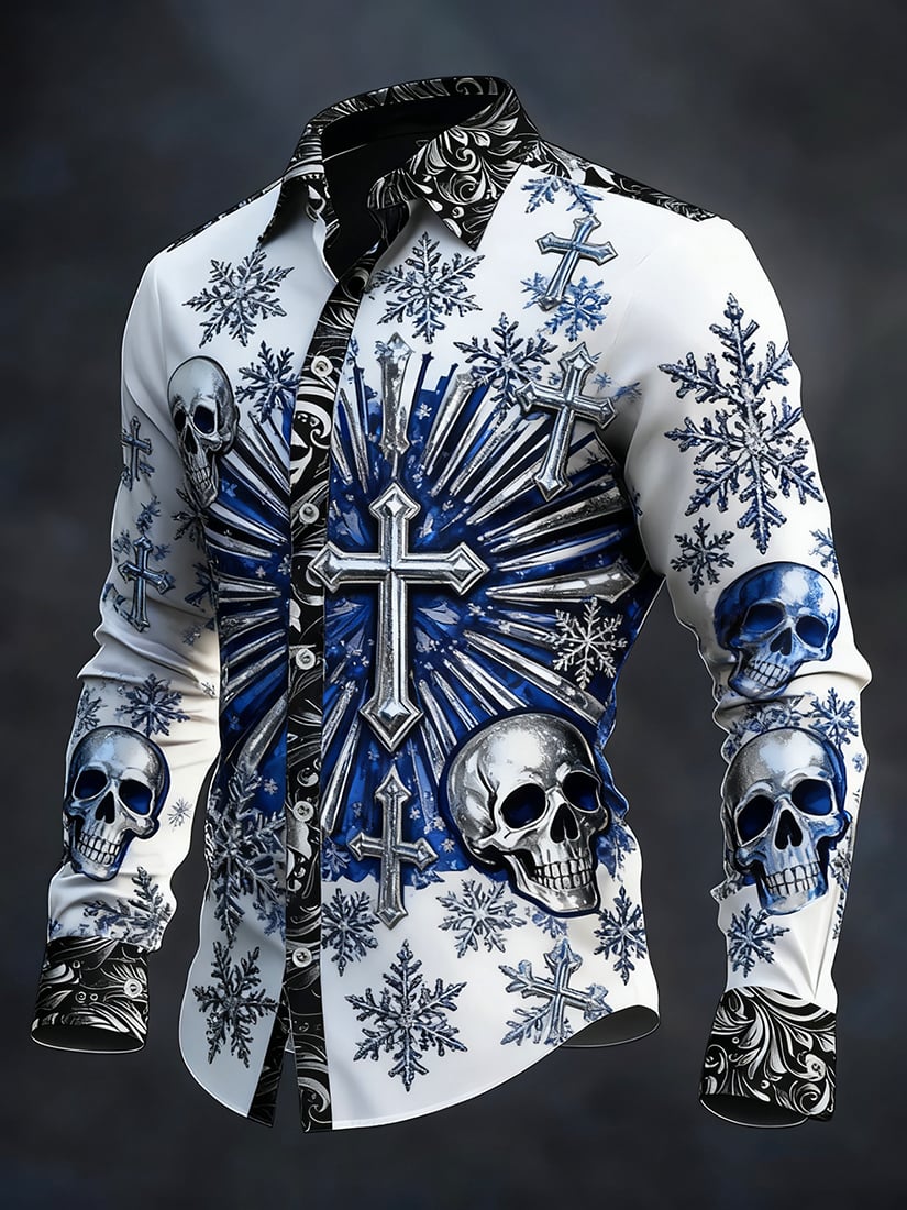 Men's Retro Cross Christmas Skull Long-Sleeve Shirt