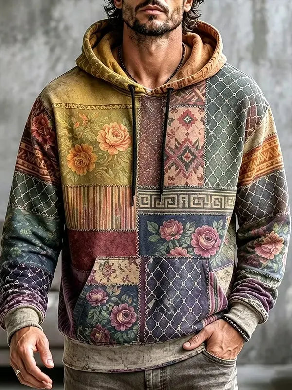 Men's Patchwork Rose Floral Ethnic Geometric Print Hoodie