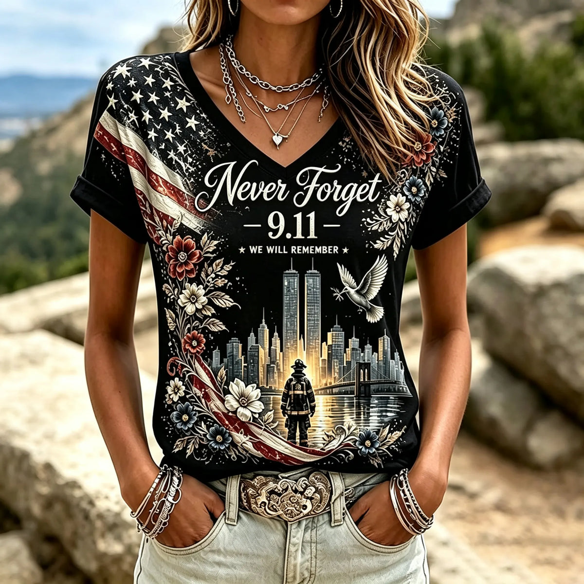 Women's  Retro  9.11 Never Forget Print T-shirt