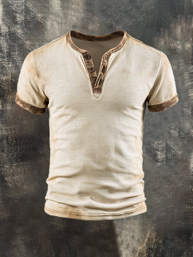 Men's Vintage Color Block Cotton Casual Henley Short Sleeve T-Shirt