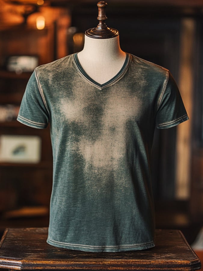 Men's vintage-look colorblock V-neck short-sleeved T-shirt