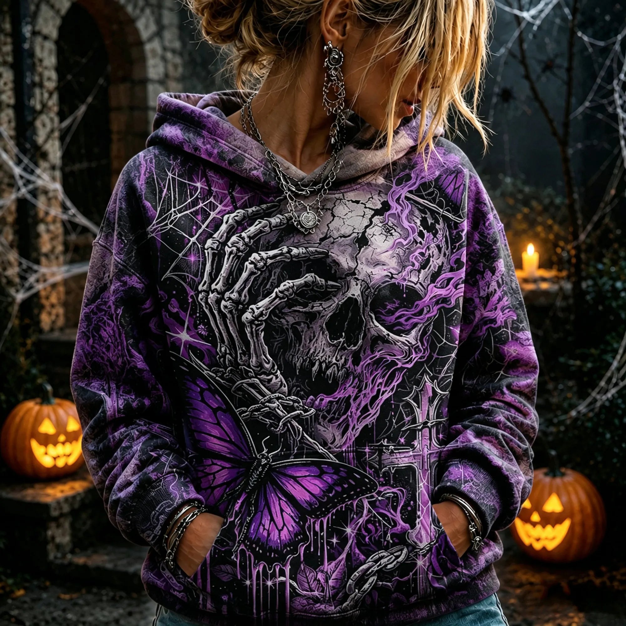 Vintage Distressed Tie-dye Halloween Spider Web Dark Gothic Skull Purple Butterfly Hoodie