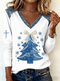 Women's Casual Denim Christmas Tree Print V Neck Sweatshirt