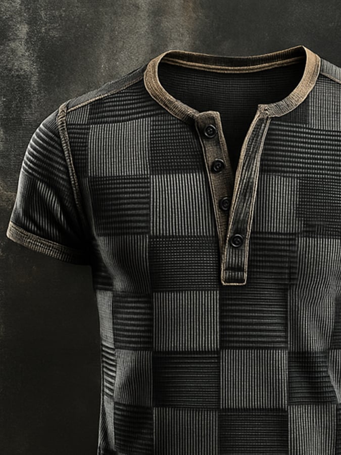 Men's Casual Waffle Print Color Block Henley T-Shirt