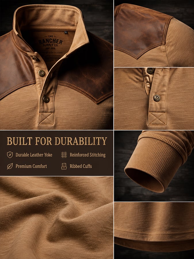 Men's Vintage-Style Breathable & Comfortable Leather-Panel Henley T-Shirt