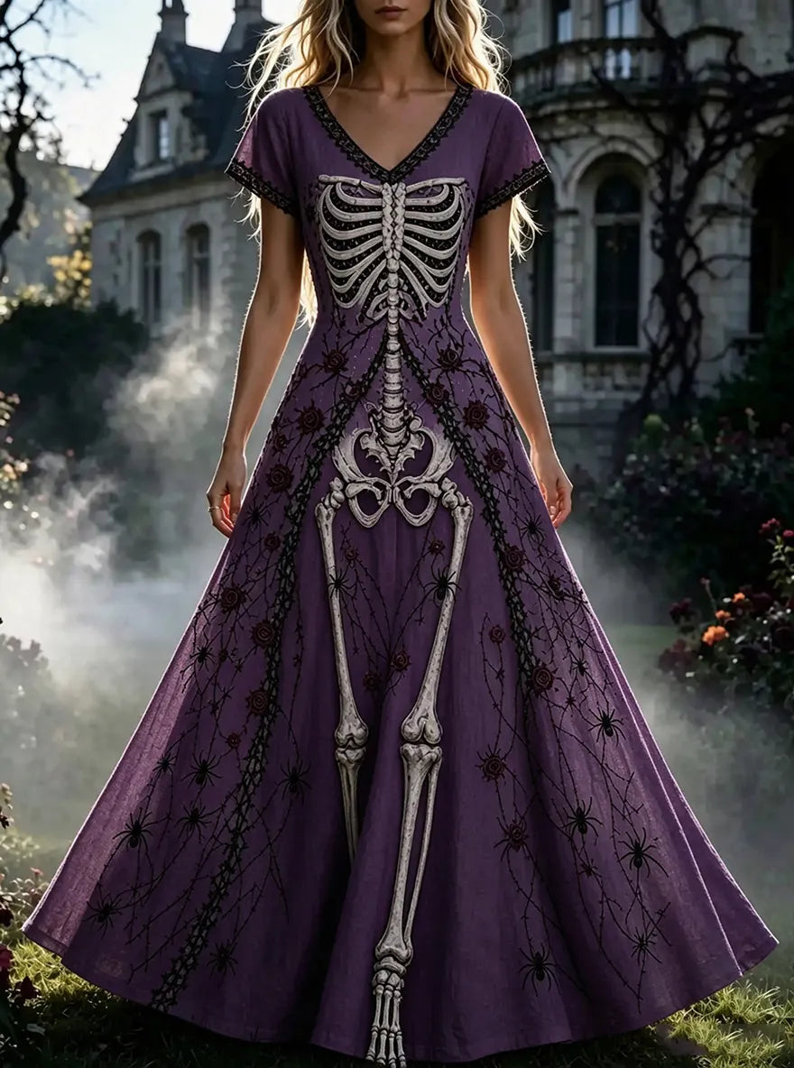 Women's  Retro Gothic Skull Floral Pattern Short Sleeves Maxi Halloween Dress