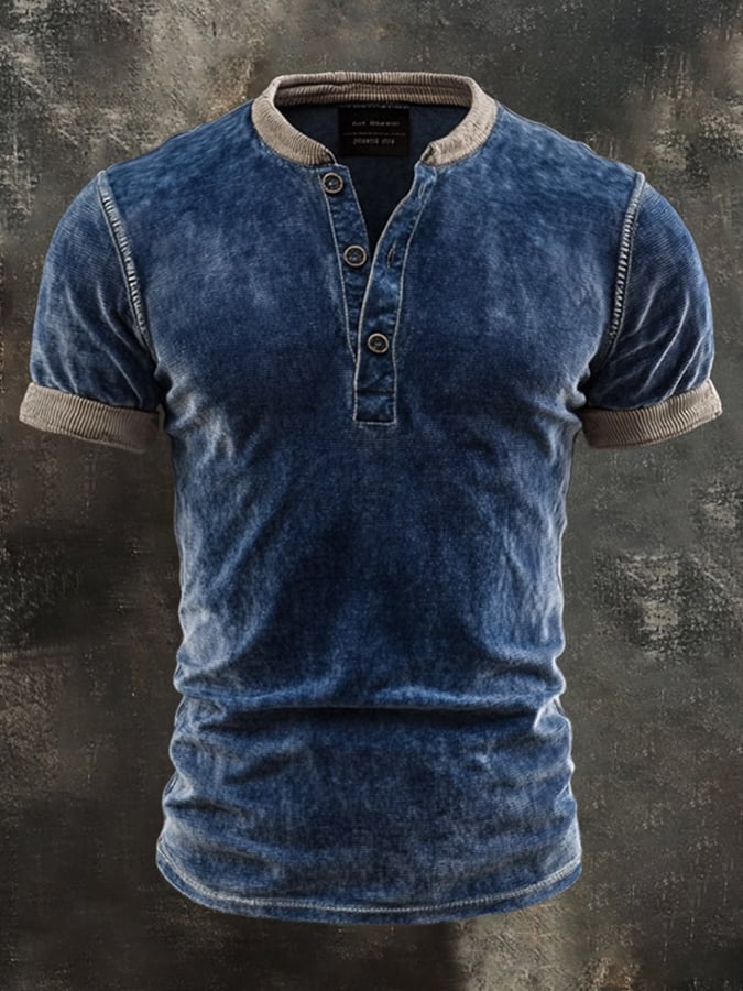 Men's casual Henley shirt with vintage print and short sleeves