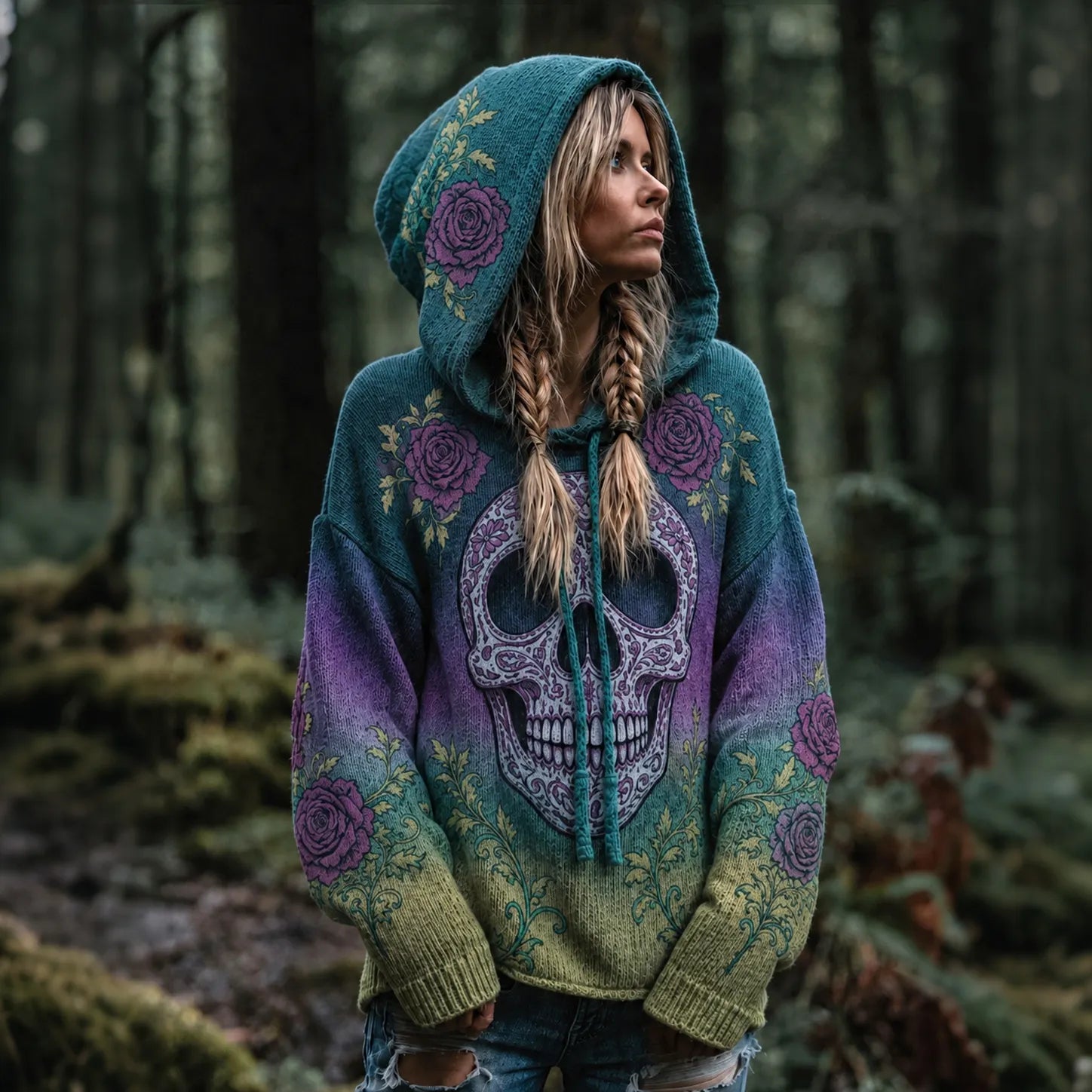 Women's Vintage Viking Skull And Rose Gradient Art Knit Hooded Sweater