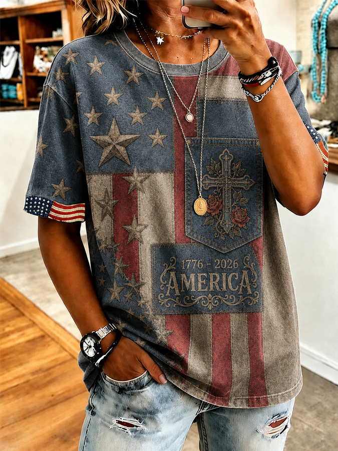 Women's Retro US Independence Day Flag Printed Round Neck T-shirt
