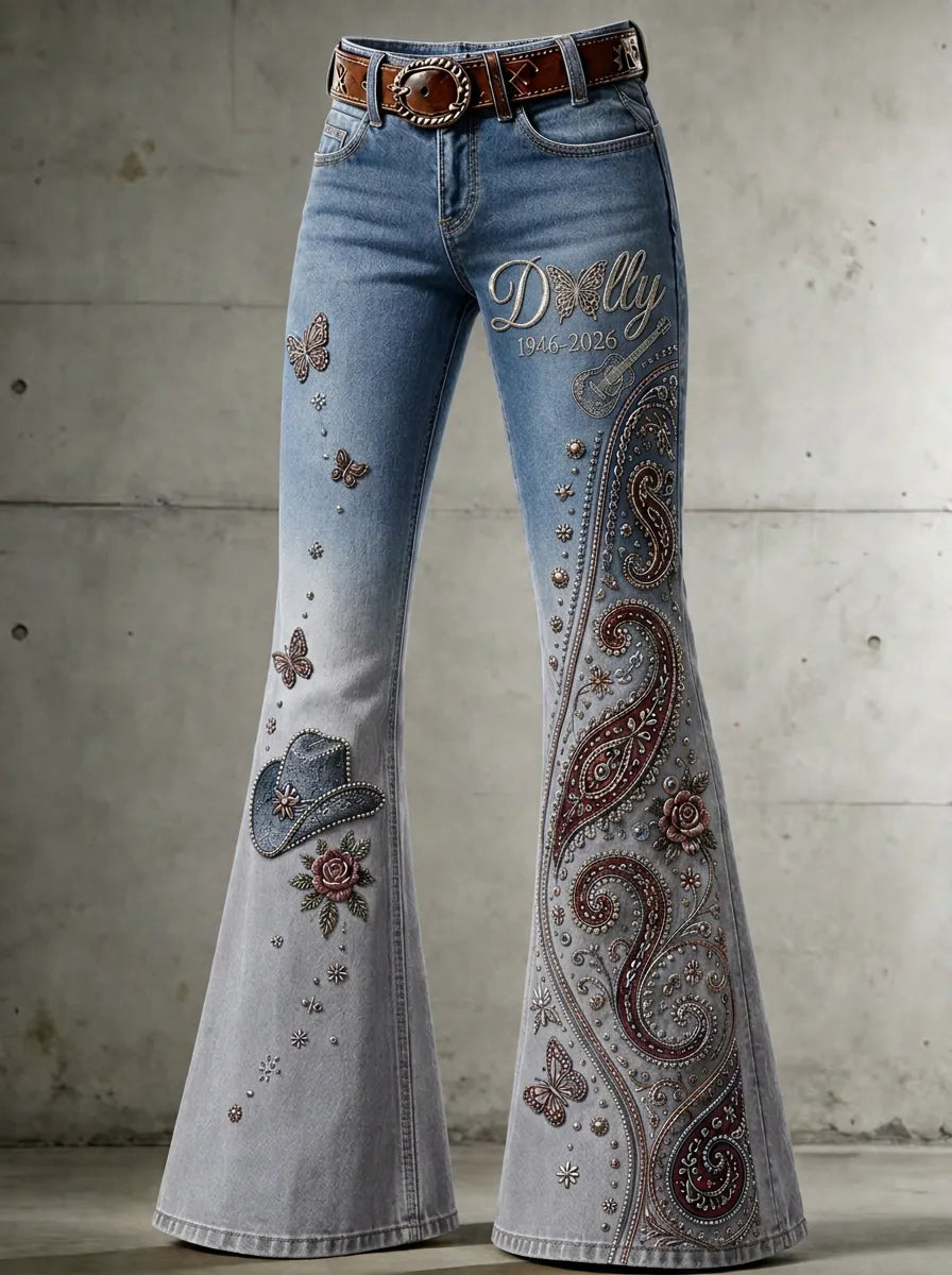 Women's Dolly Parton Butterfly Paisley Guitar Printed Flare Jeans
