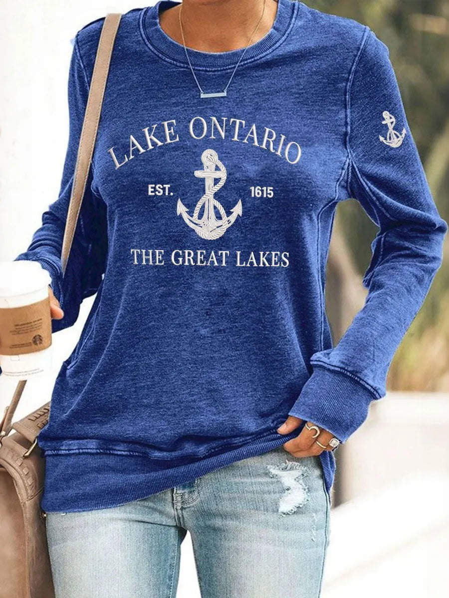 Retro Lake Ontario Est 1615 The Great Lakes Print Sweatshirt
