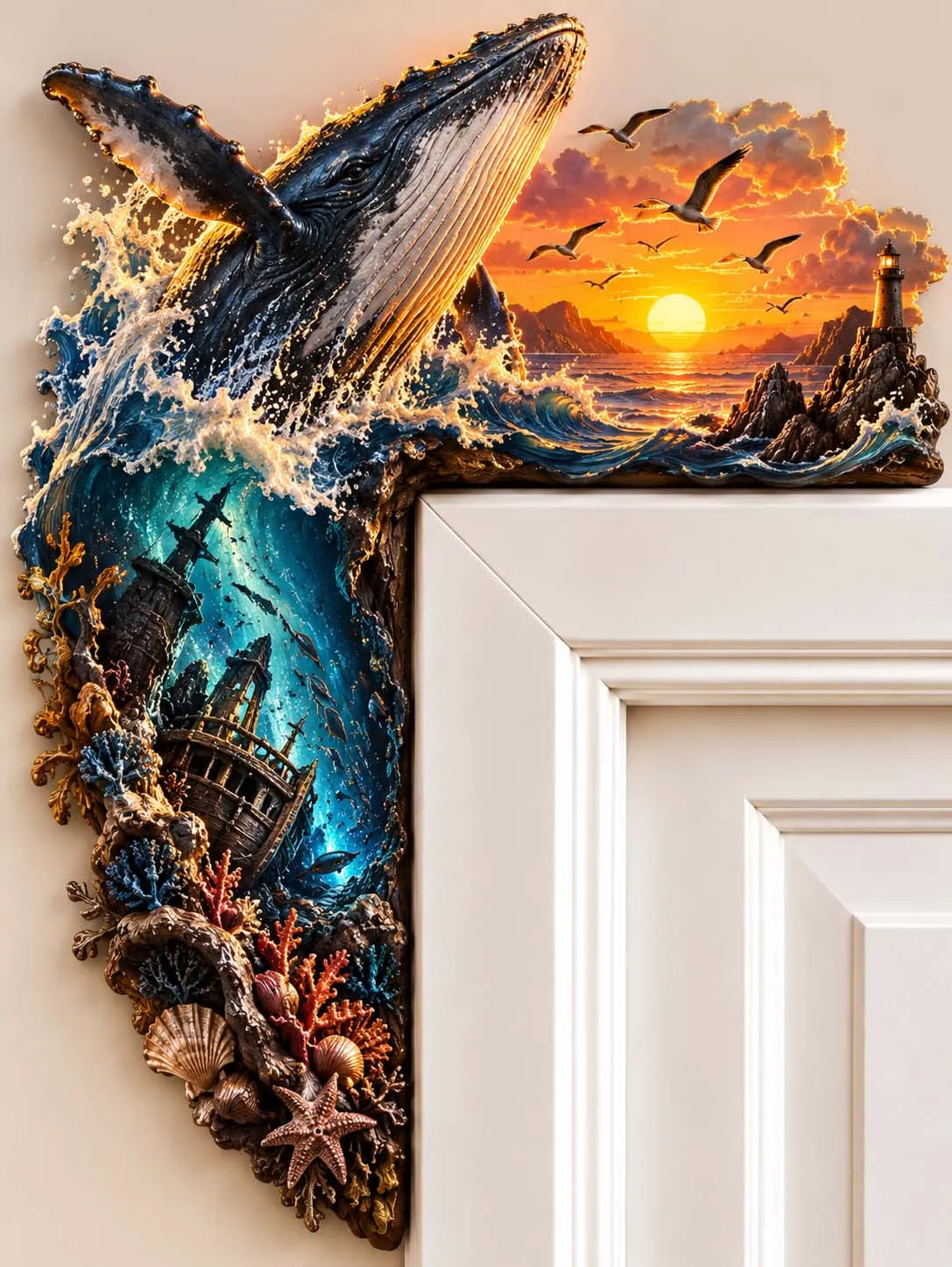 🐳 🌅 Humpback Whale Breach Door Corner 🌊 Sunken Shipwreck & Lighthouse Seascape