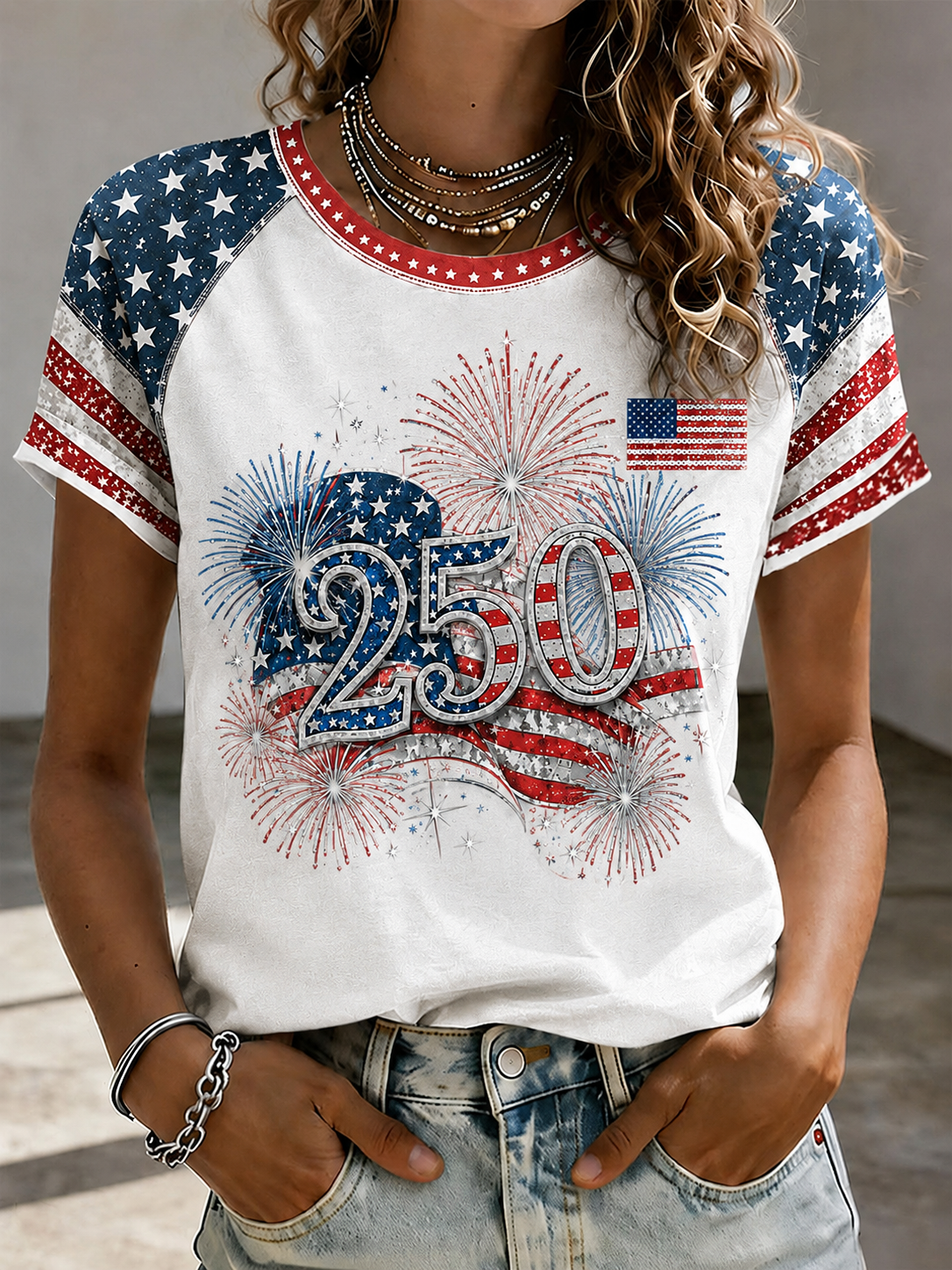 Women'S Retro Loose Short Sleeved T-Shirt With American Flag Print