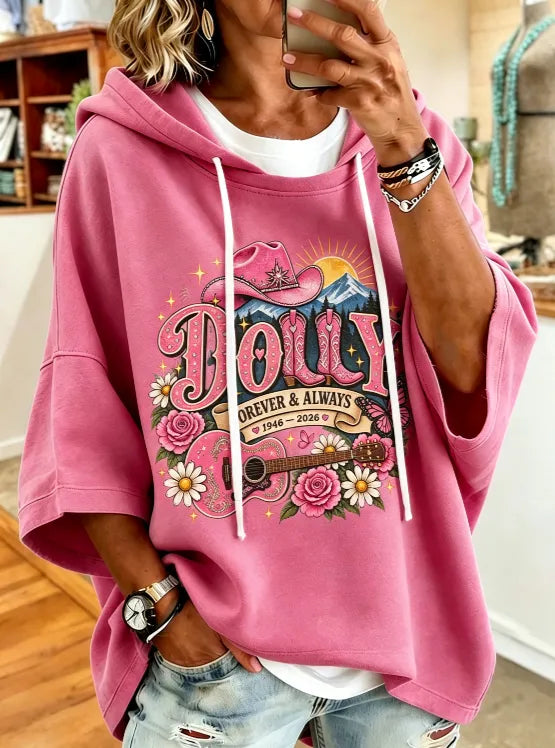 Women's commemorative printed round neck hooded sweatshirt