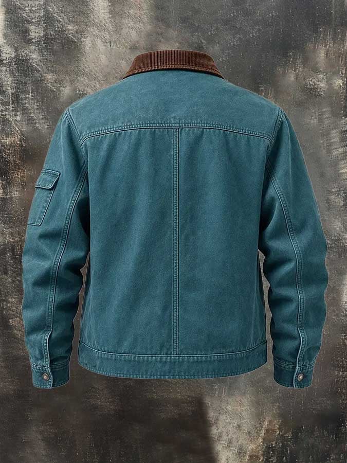 Men'S Retro Color-Block Corduroy Workwear Jacket With Fleece Lining And Zipper Closure