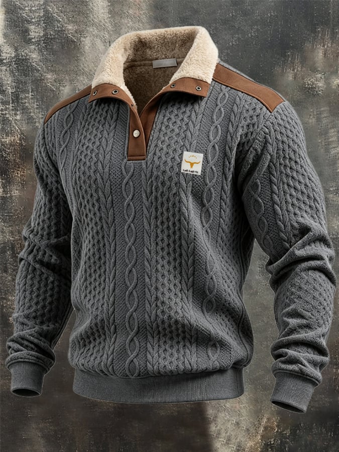 Men's Retro Textured Thermal Stand-Collar Sweatshirt
