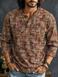 Men's Vintage Geometric Print Henry Collar Long Sleeve T-Shirt