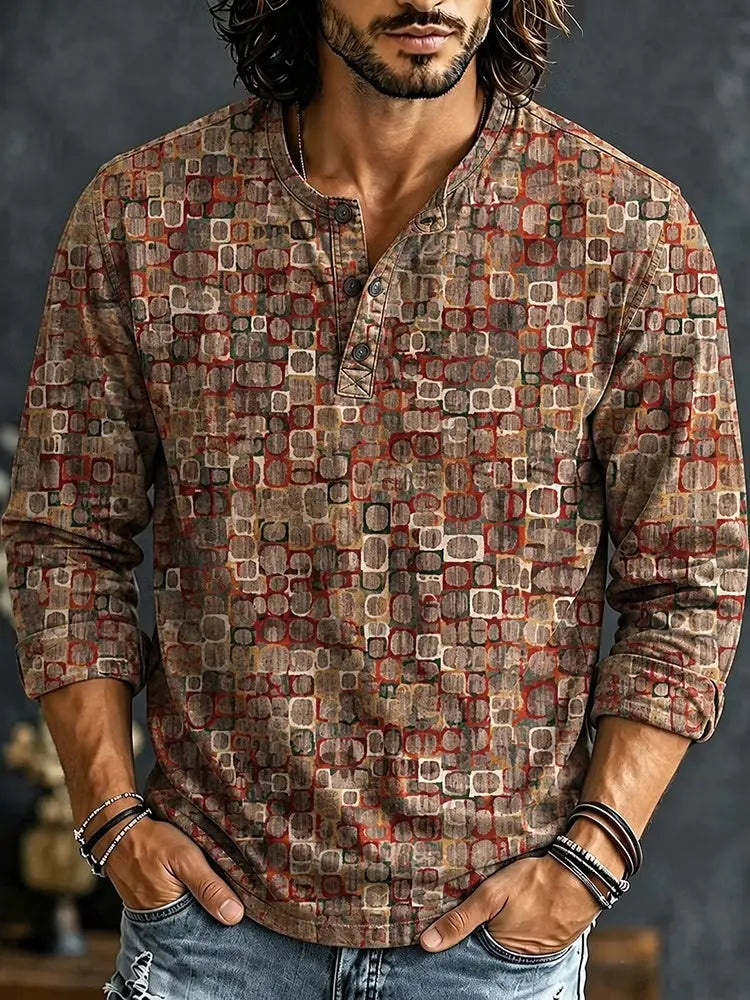 Men's Vintage Geometric Print Henry Collar Long Sleeve T-Shirt