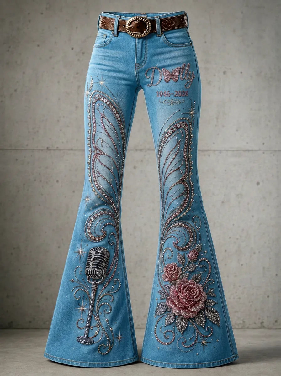 Women's Dolly Parton Butterfly Rose Microphone Printed Flare Jeans