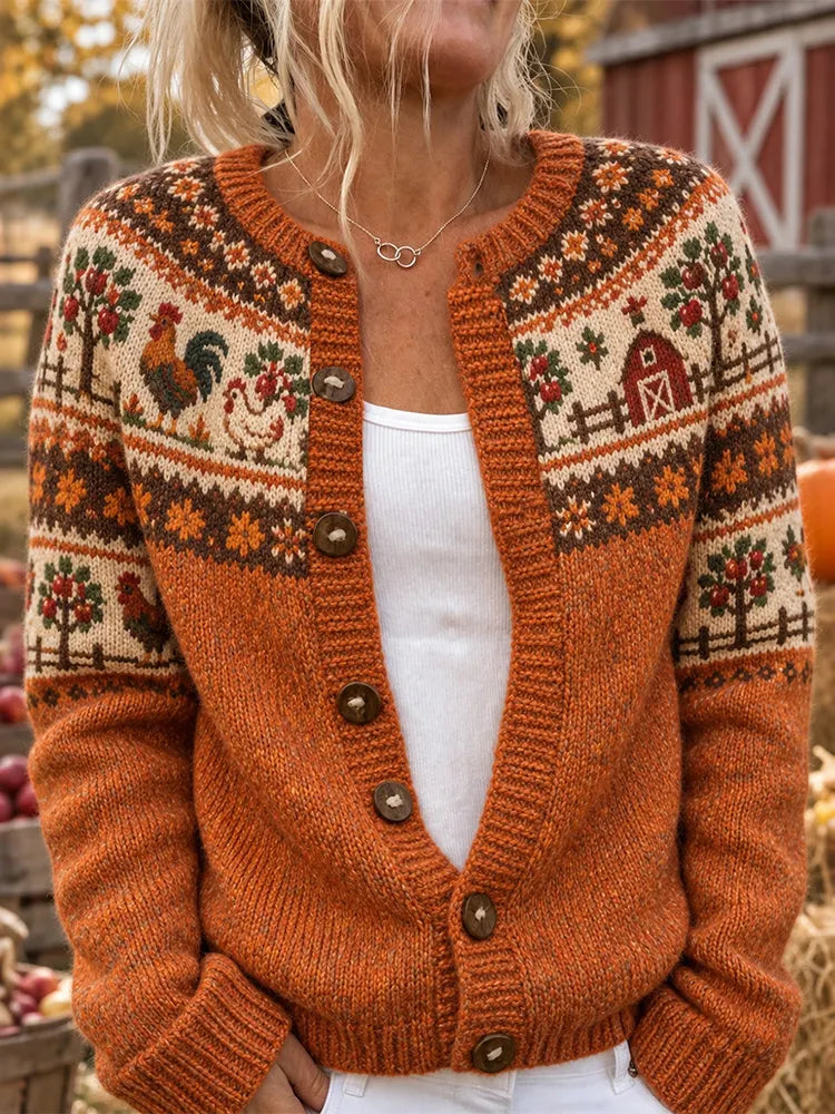 Women's Vintage Autumn Farm Animal Print Casual Knit Cardigan