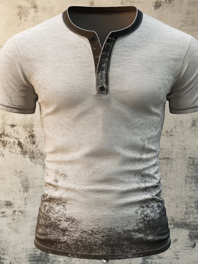 Men's casual vintage style Henley shirt with washed print and short sleeves