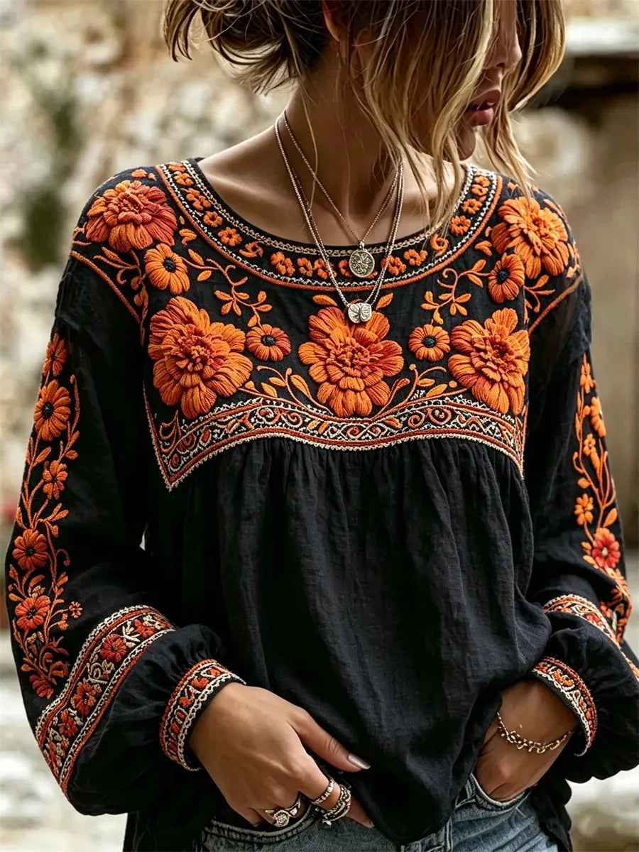 Women's Day of the Dead Mexican Style Orange Floral Print Lantern Sleeve Top