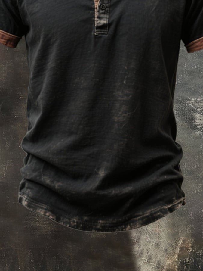 Men's Vintage Distressed Colorblock Casual Henley Short Sleeve T-Shirt