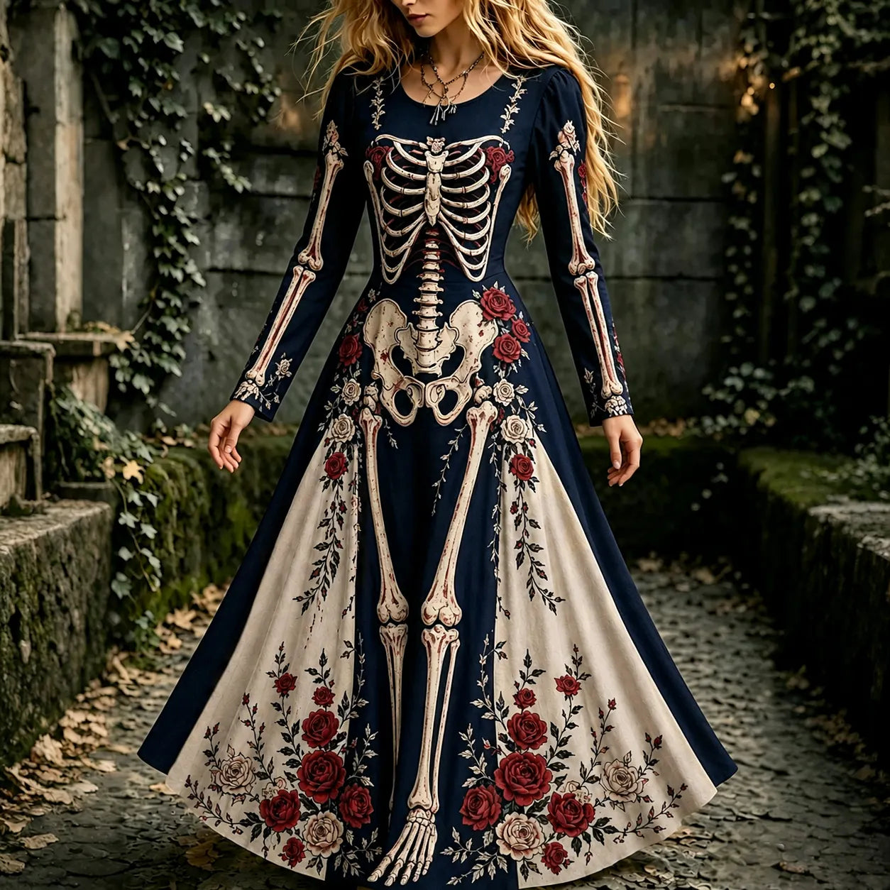 Women's Halloween Gothic Skeleton & Floral Long-sleeve Maxi Dress
