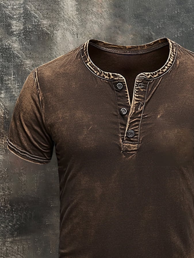 Men's retro wash casual Henley short sleeve t-shirt